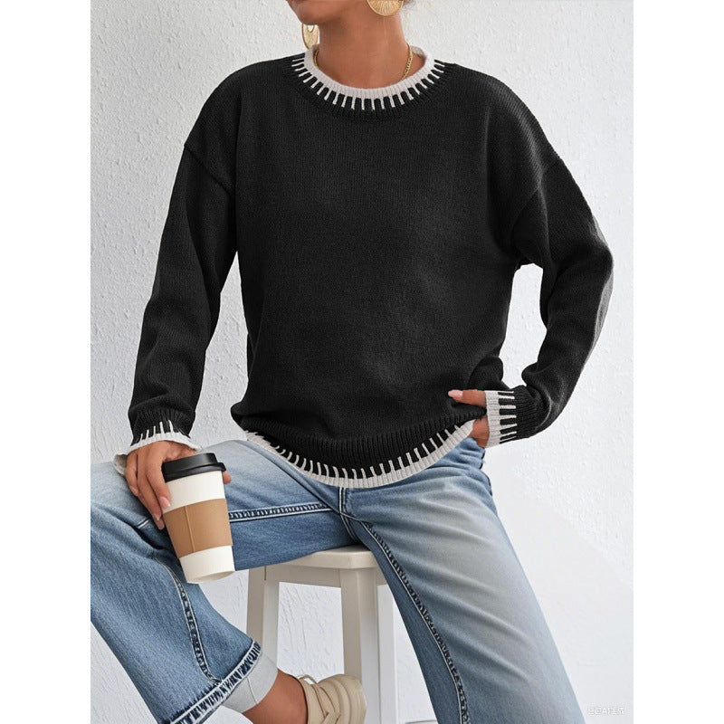 Pull ample à col rond et coutures contrastées pour femme