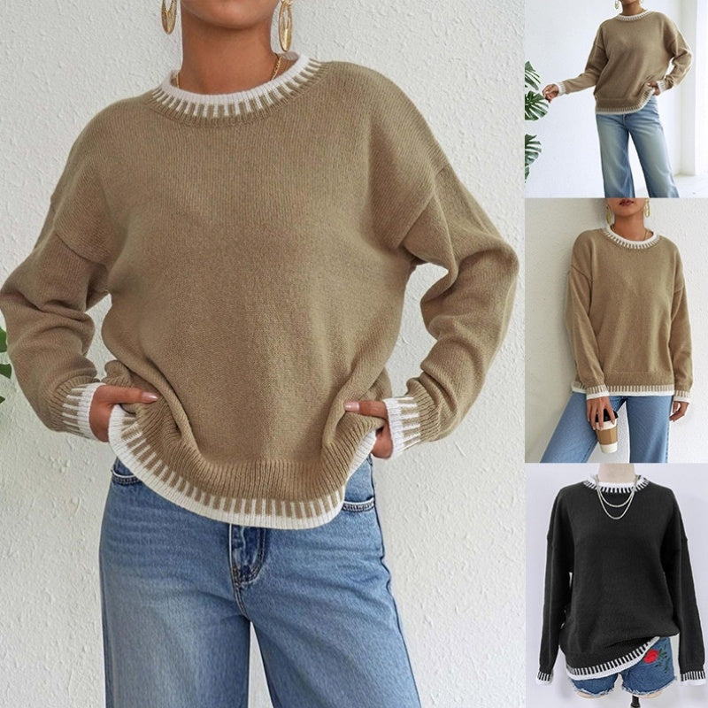 Pull ample à col rond et coutures contrastées pour femme