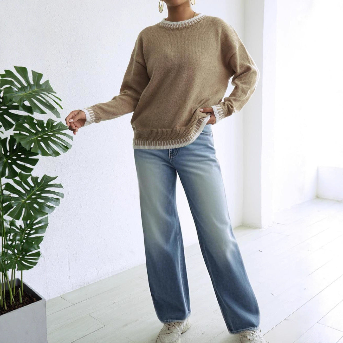 Pull ample à col rond et coutures contrastées pour femme