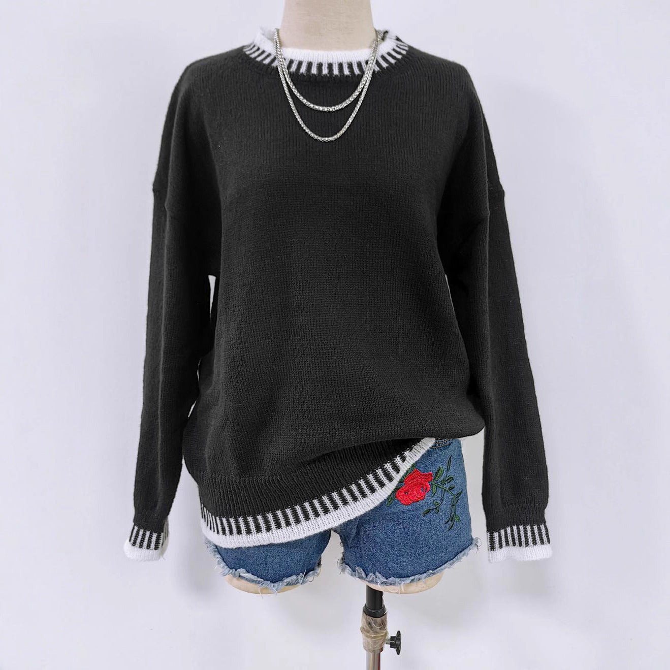 Pull ample à col rond et coutures contrastées pour femme