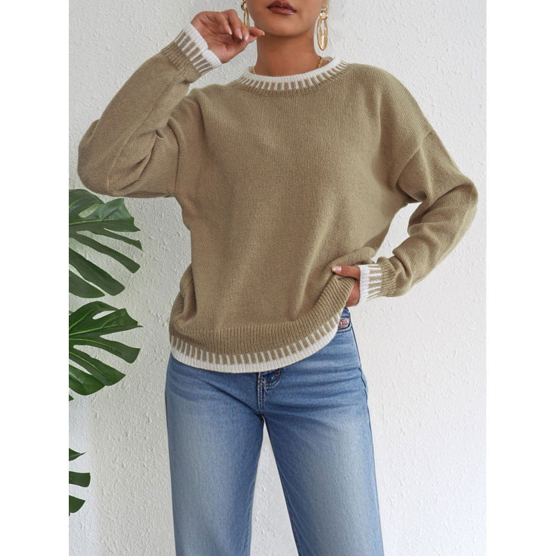 Pull ample à col rond et coutures contrastées pour femme
