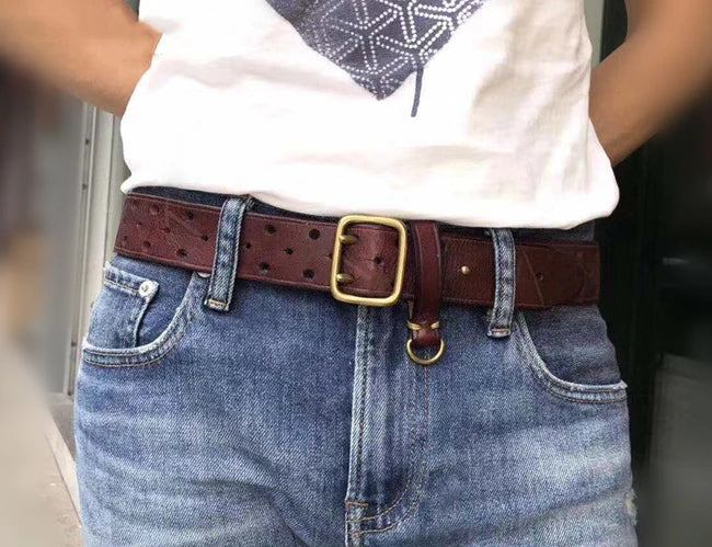 Double-pin Copper Buckle Men's Luxury Fashion Belt Retro First Layer Pure Cowhide Jeans with Genuine Leather Stylish Men's Belts
