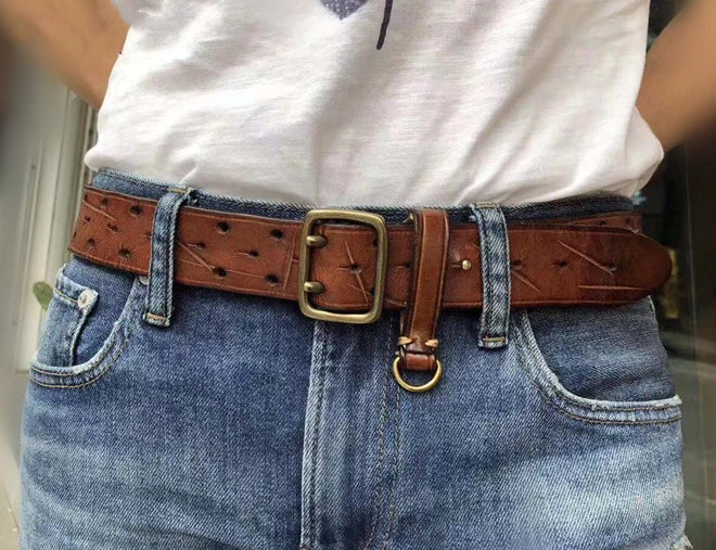 Double-pin Copper Buckle Men's Luxury Fashion Belt Retro First Layer Pure Cowhide Jeans with Genuine Leather Stylish Men's Belts