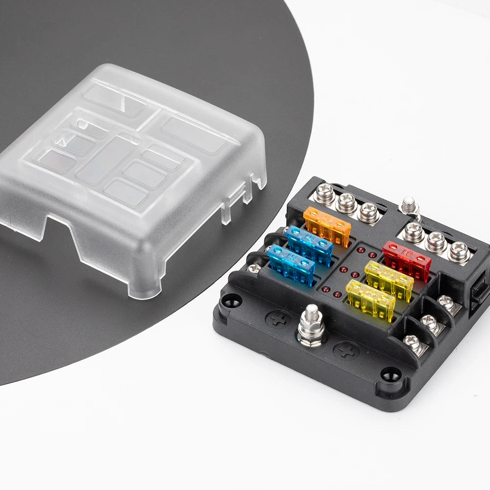 Bloc de fusibles à lame 12 V 6 voies avec indicateur LED, couvercle de protection étanche et autocollant pour voiture, camion, remorque
