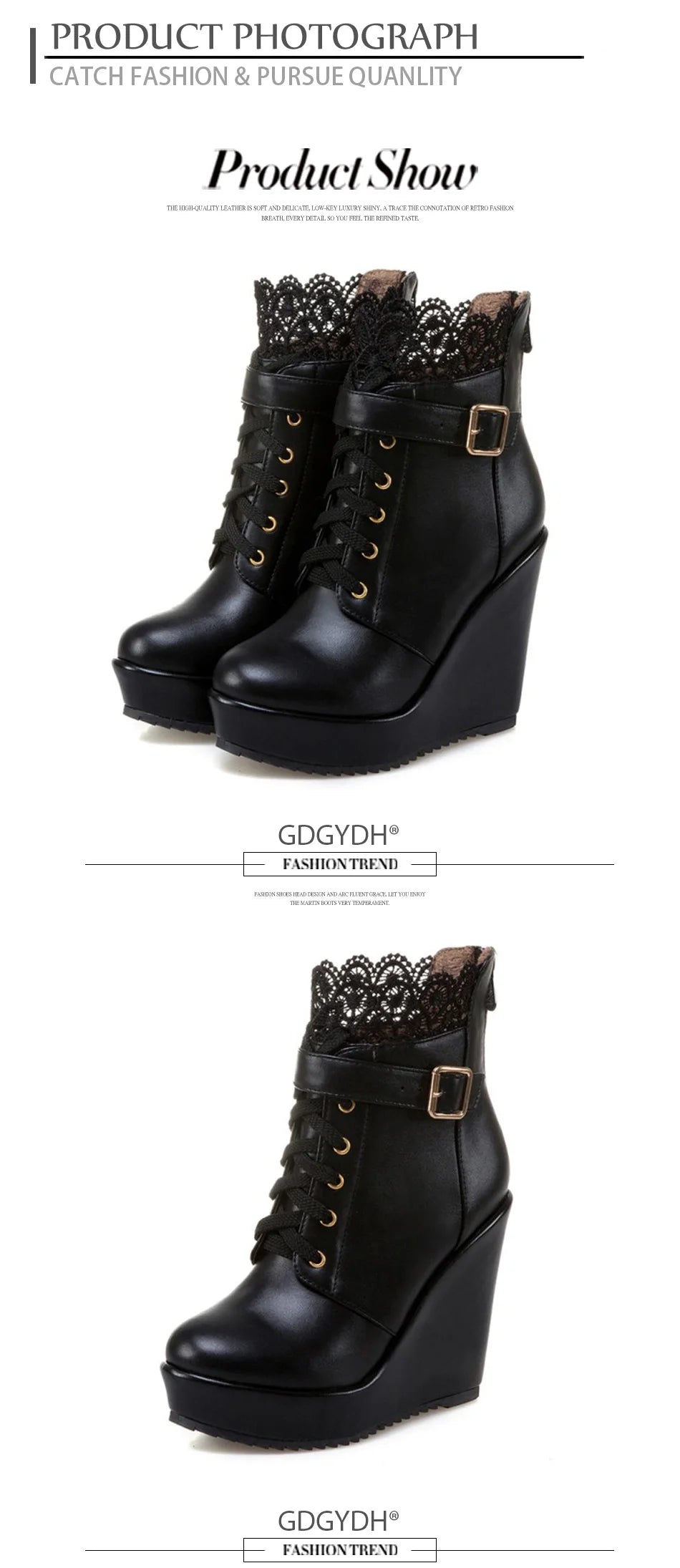 Gdgydh – Bottines compensées noires à lacets pour femme, chaussures de mariée, style gothique et punk