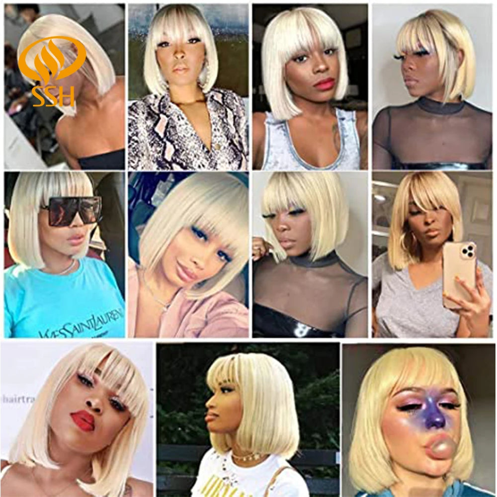 SSH Short Bob Wig With Bangs Fringe for Women Remy Human Hair Wigs Black Blond Color for Party Daily Use Shoulder Length