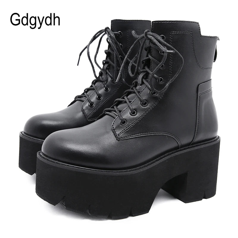 Gdgydh 2022 Bottines pour femmes en gros, bout rond, matériau souple EVA, à lacets, bottes courtes pour femmes, chaussures à plateforme épaisse, noires