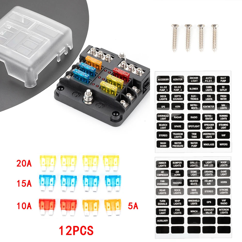 Bloc de fusibles à lame 12 V 6 voies avec indicateur LED, couvercle de protection étanche et autocollant pour voiture, camion, remorque
