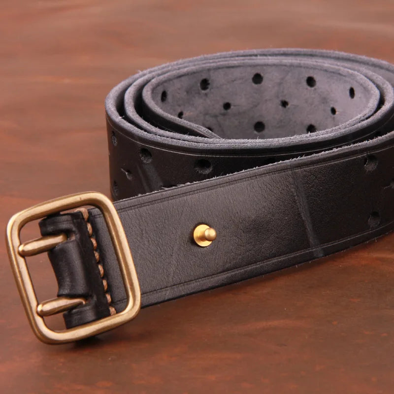 Double-pin Copper Buckle Men's Luxury Fashion Belt Retro First Layer Pure Cowhide Jeans with Genuine Leather Stylish Men's Belts