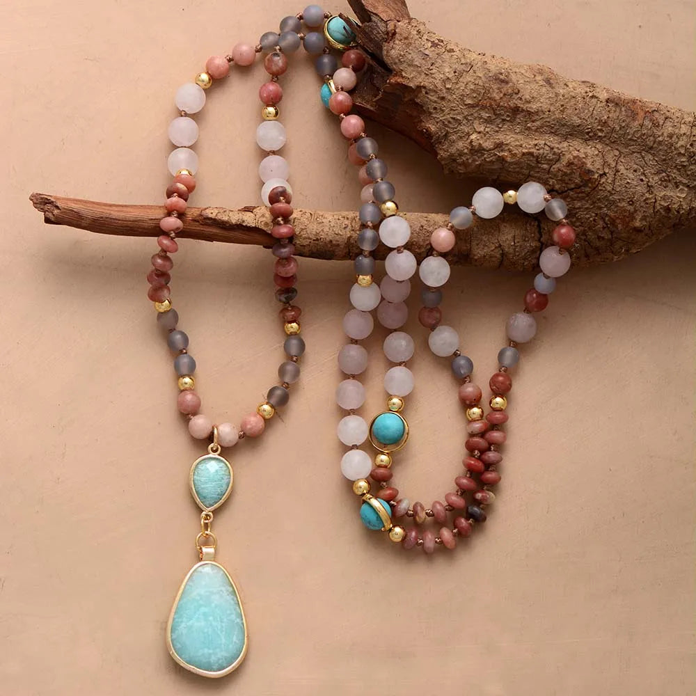 New Frosted Natural Stones Geometric Charm Pendant Necklace Women Turquoises Amazonite Ethnic Necklace Jewelry Wholesale
