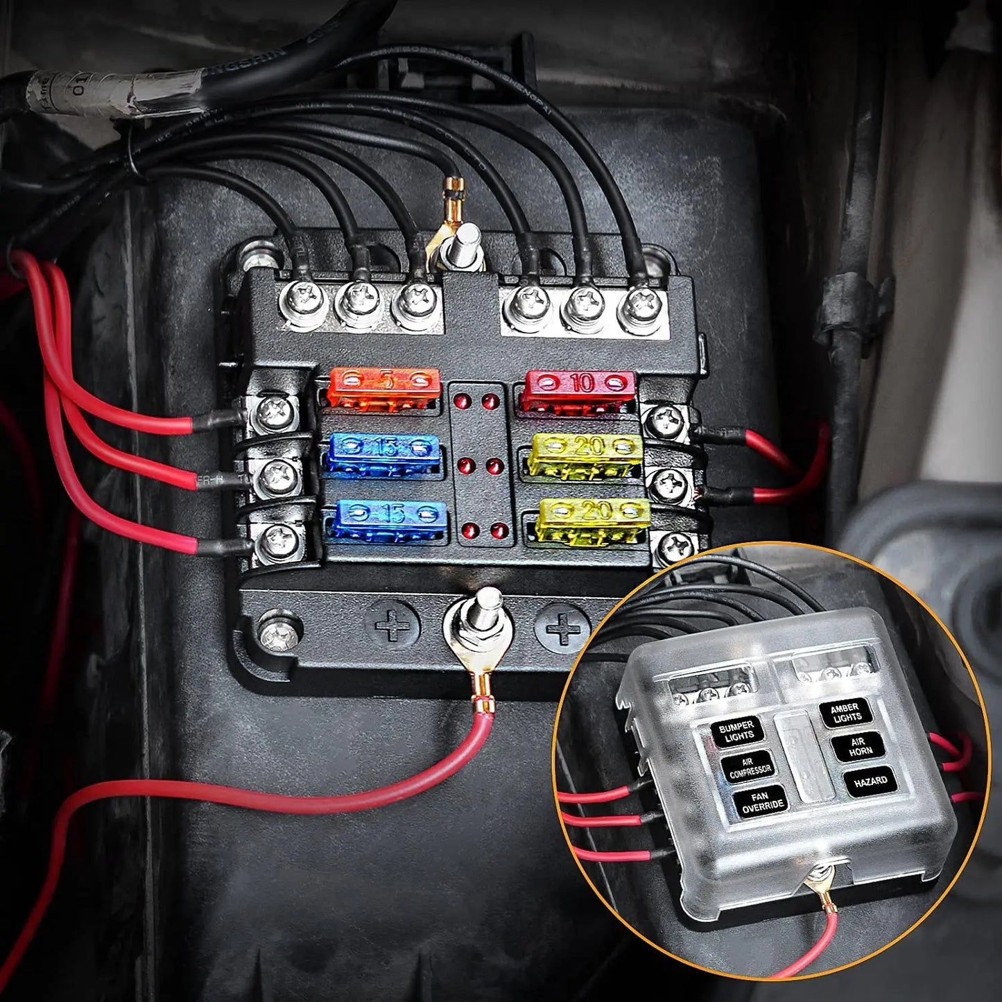 Bloc de fusibles à lame 12 V 6 voies avec indicateur LED, couvercle de protection étanche et autocollant pour voiture, camion, remorque