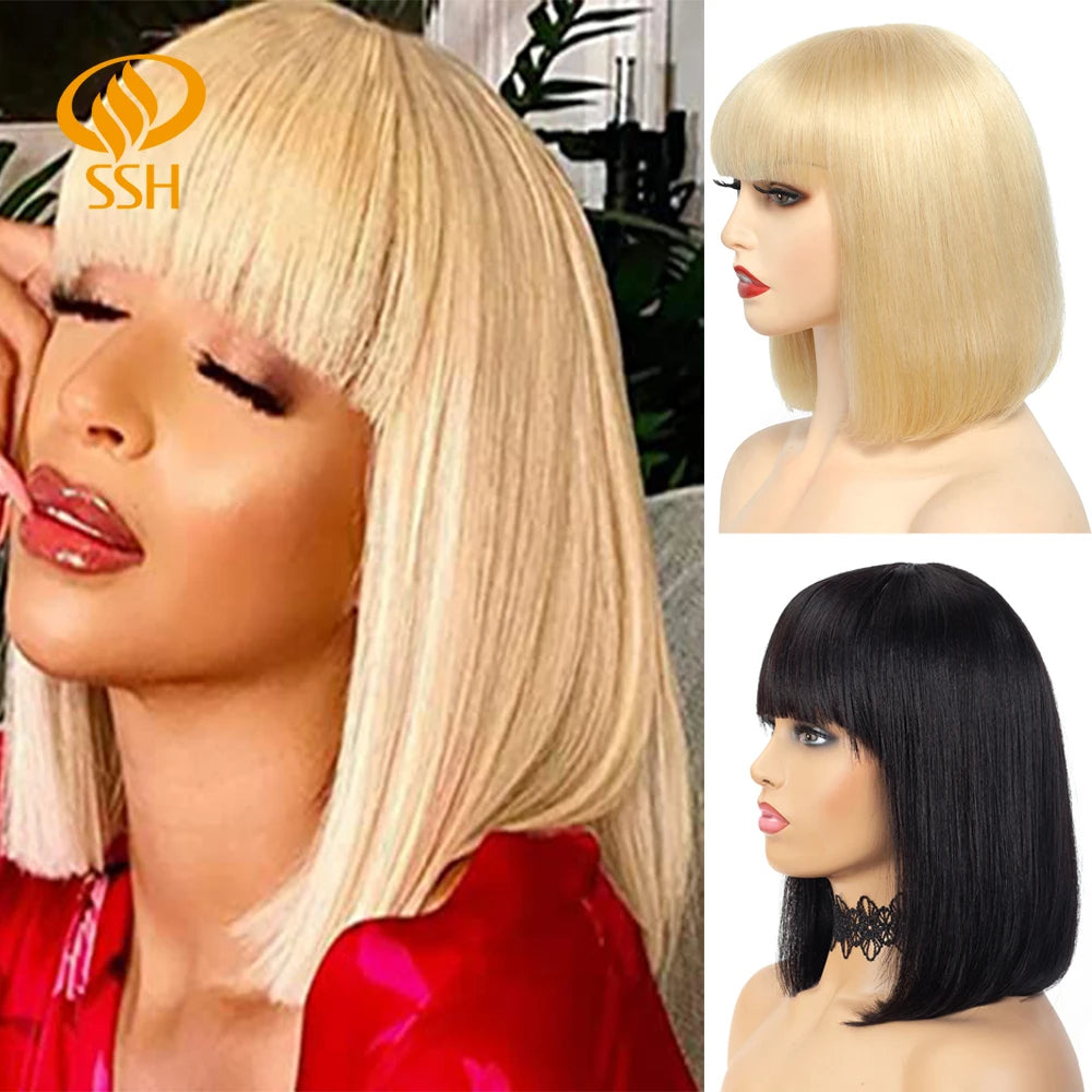 SSH Short Bob Wig With Bangs Fringe for Women Remy Human Hair Wigs Black Blond Color for Party Daily Use Shoulder Length