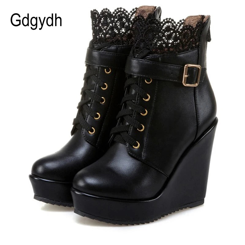 Gdgydh – Bottines compensées noires à lacets pour femme, chaussures de mariée, style gothique et punk