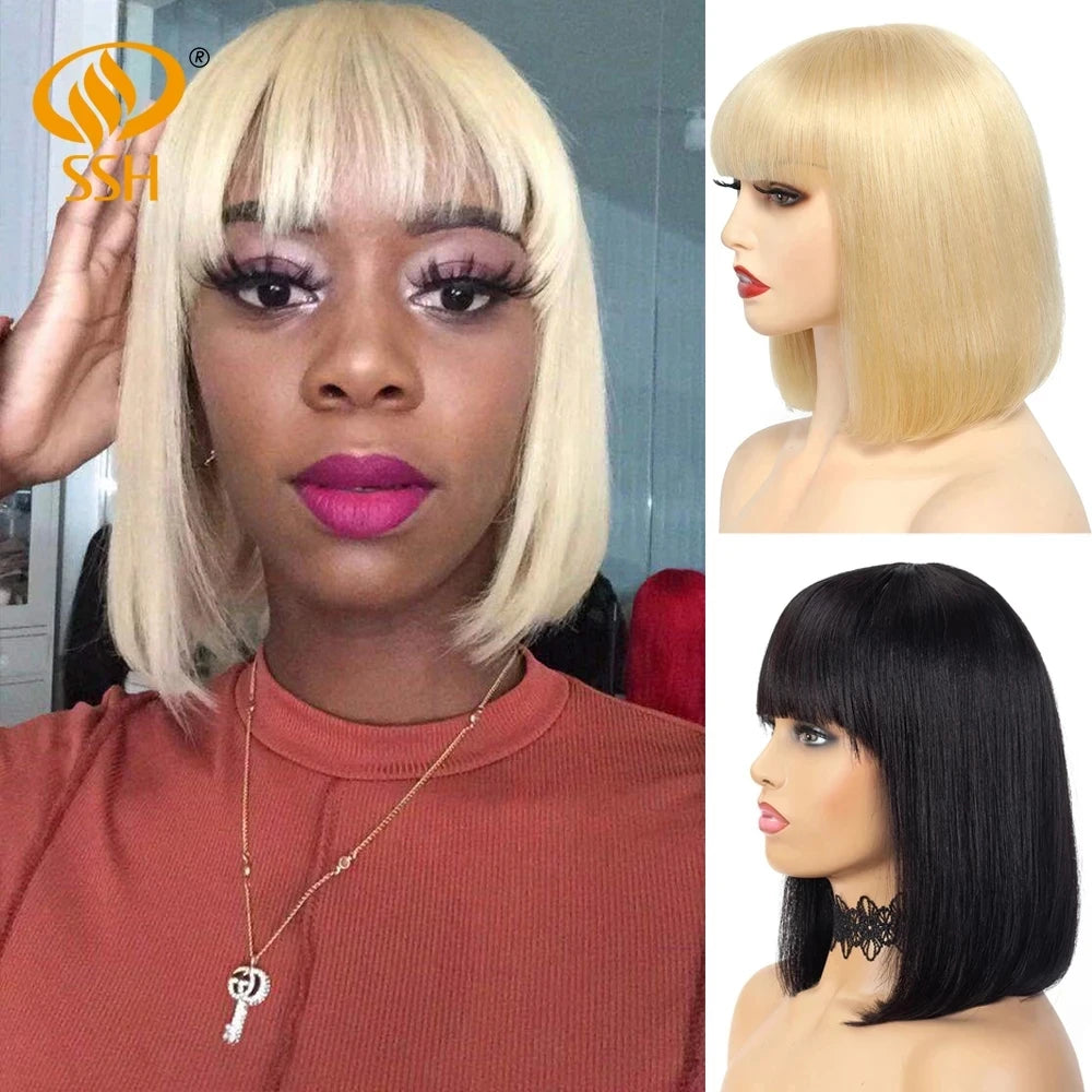 SSH Short Bob Wig With Bangs Fringe for Women Remy Human Hair Wigs Black Blond Color for Party Daily Use Shoulder Length