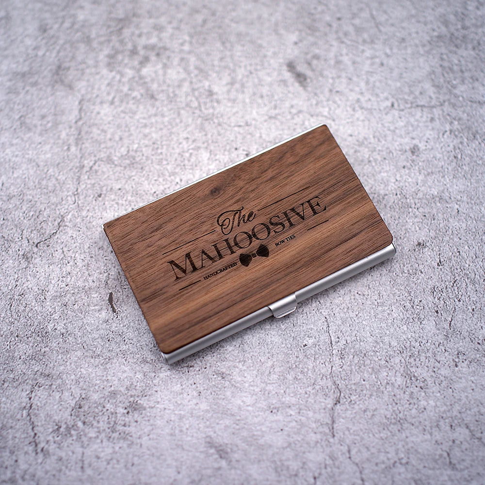 Personalized Wooden Business Card Holder - Custom Logo Wood & Metal Case for Men and Women - Perfect Gift