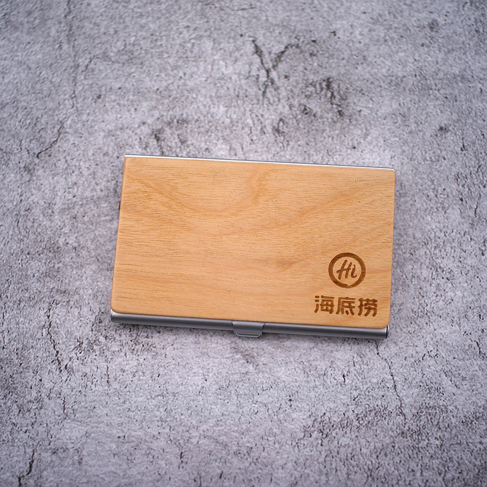 Personalized Wooden Business Card Holder - Custom Logo Wood & Metal Case for Men and Women - Perfect Gift