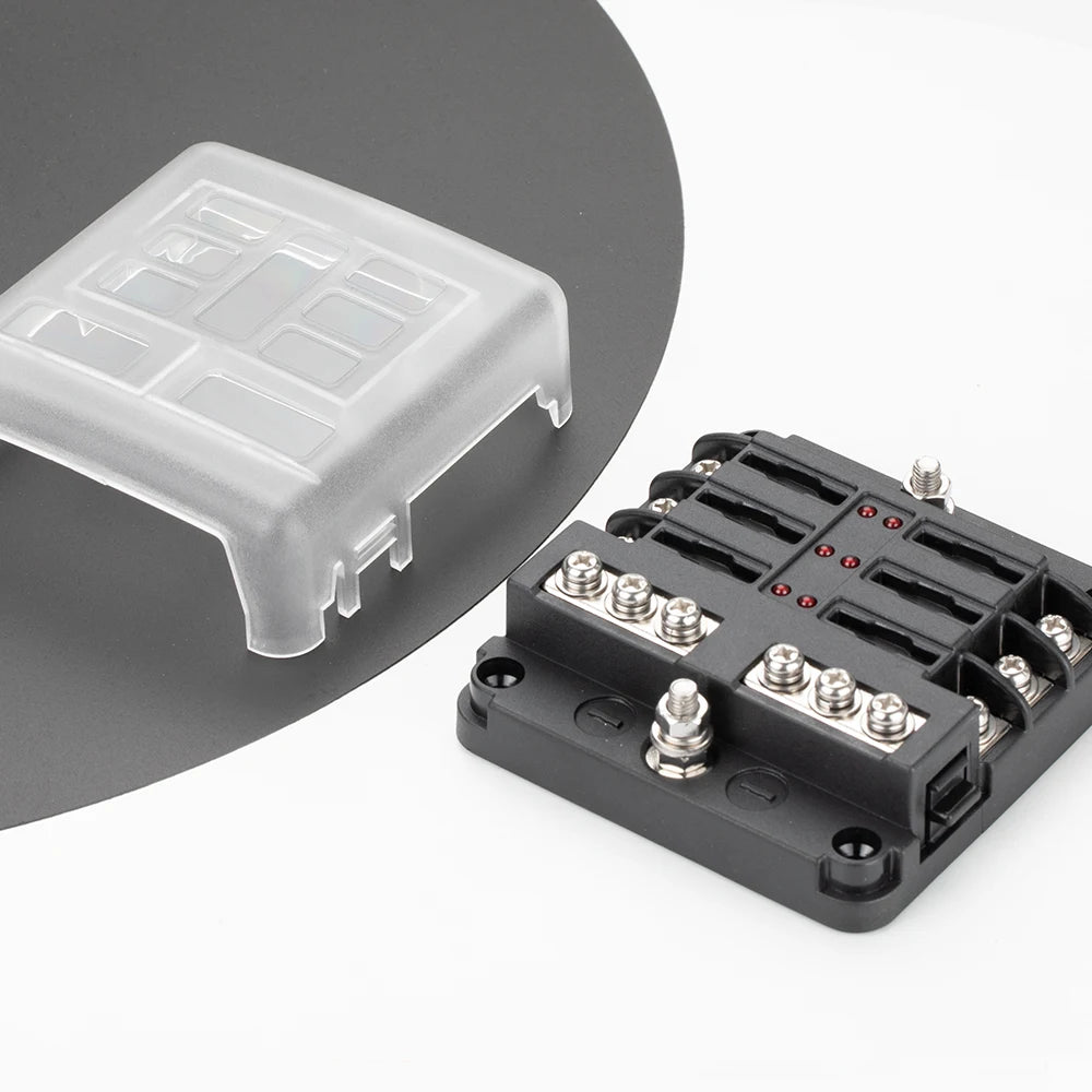 Bloc de fusibles à lame 12 V 6 voies avec indicateur LED, couvercle de protection étanche et autocollant pour voiture, camion, remorque