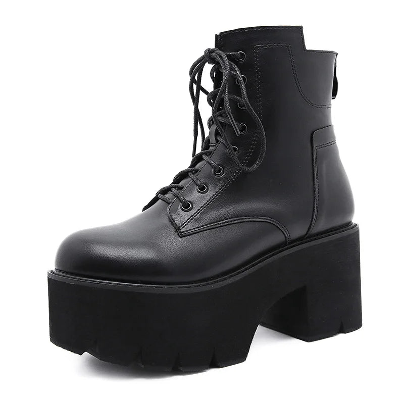 Gdgydh 2022 Bottines pour femmes en gros, bout rond, matériau souple EVA, à lacets, bottes courtes pour femmes, chaussures à plateforme épaisse, noires