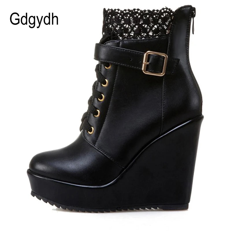 Gdgydh – Bottines compensées noires à lacets pour femme, chaussures de mariée, style gothique et punk