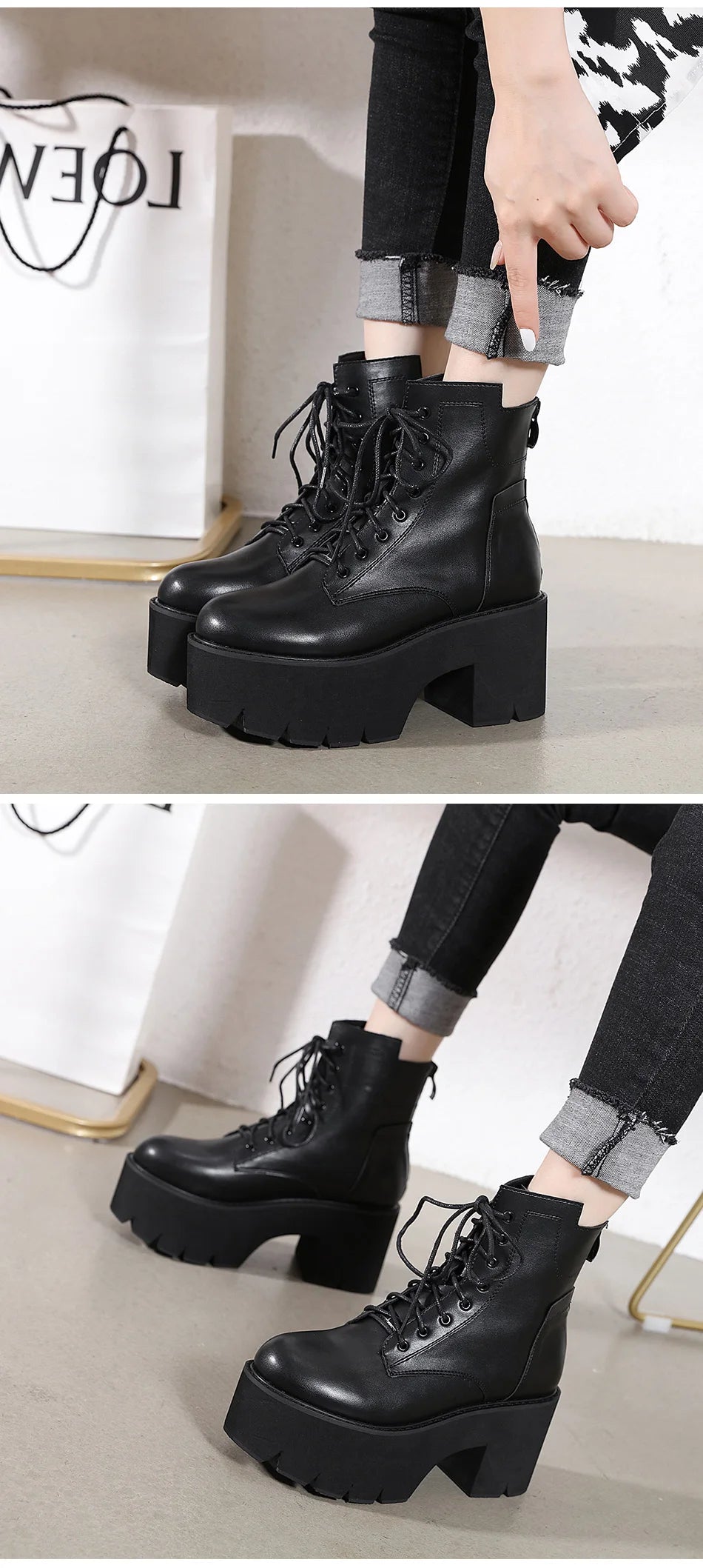Gdgydh 2022 Bottines pour femmes en gros, bout rond, matériau souple EVA, à lacets, bottes courtes pour femmes, chaussures à plateforme épaisse, noires