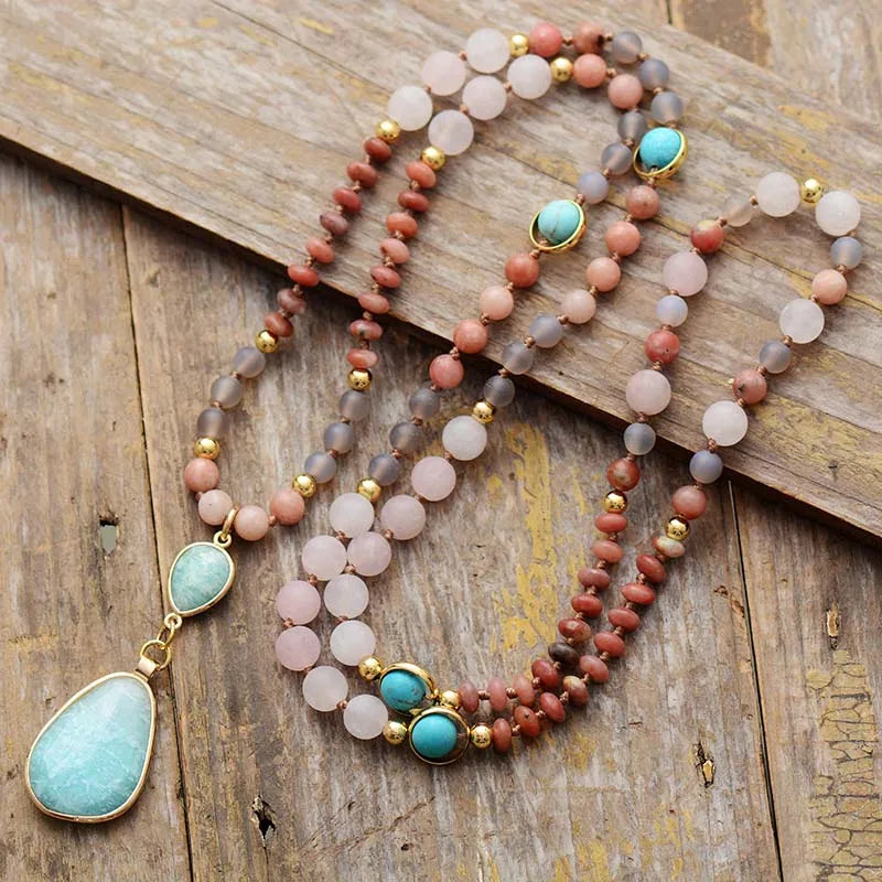 New Frosted Natural Stones Geometric Charm Pendant Necklace Women Turquoises Amazonite Ethnic Necklace Jewelry Wholesale