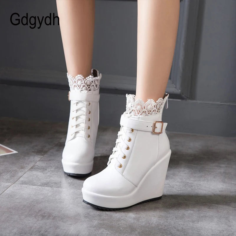 Gdgydh – Bottines compensées noires à lacets pour femme, chaussures de mariée, style gothique et punk