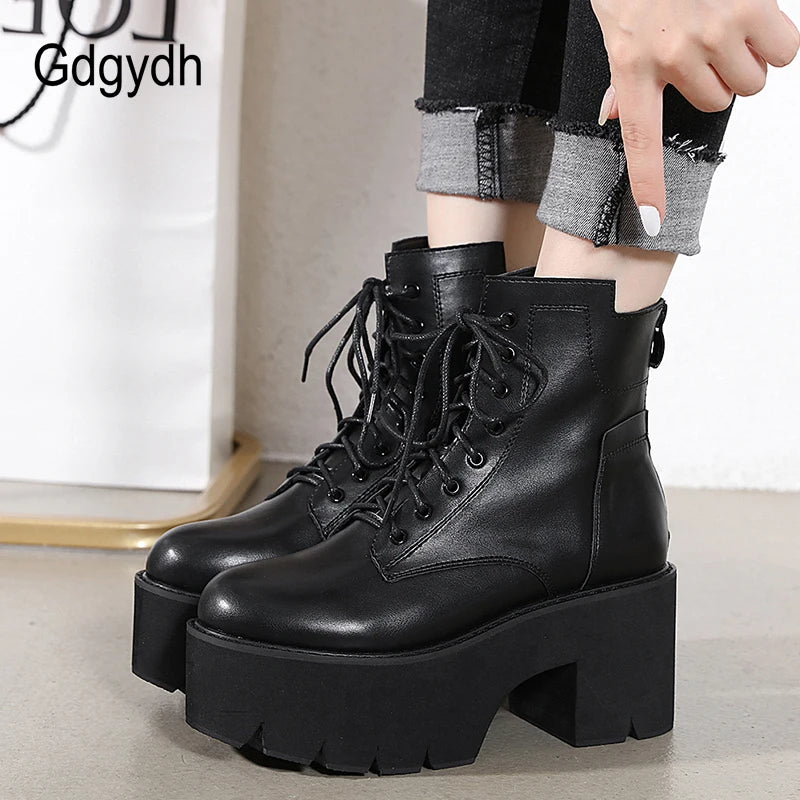 Gdgydh 2022 Bottines pour femmes en gros, bout rond, matériau souple EVA, à lacets, bottes courtes pour femmes, chaussures à plateforme épaisse, noires