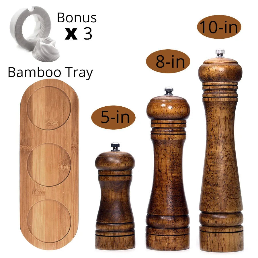 Salt and Pepper Mills, Solid Wood Pepper Mill with Strong Adjustable Ceramic Grinder 5" 8" 10" - Kitchen Tools by Leeseph