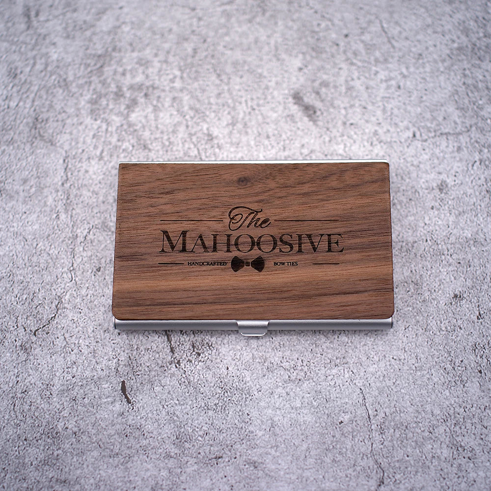 Personalized Wooden Business Card Holder - Custom Logo Wood & Metal Case for Men and Women - Perfect Gift