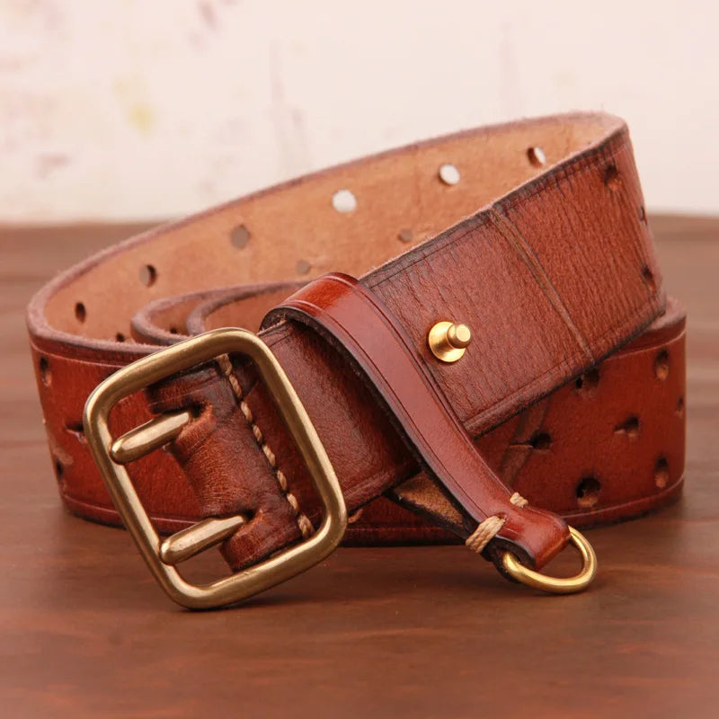 Double-pin Copper Buckle Men's Luxury Fashion Belt Retro First Layer Pure Cowhide Jeans with Genuine Leather Stylish Men's Belts