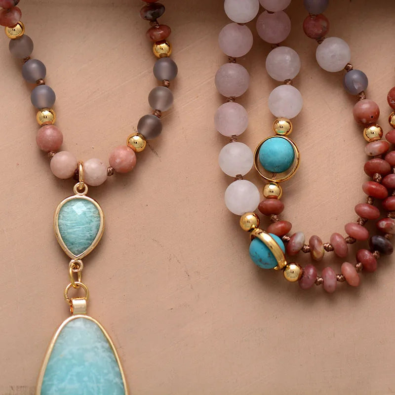 New Frosted Natural Stones Geometric Charm Pendant Necklace Women Turquoises Amazonite Ethnic Necklace Jewelry Wholesale