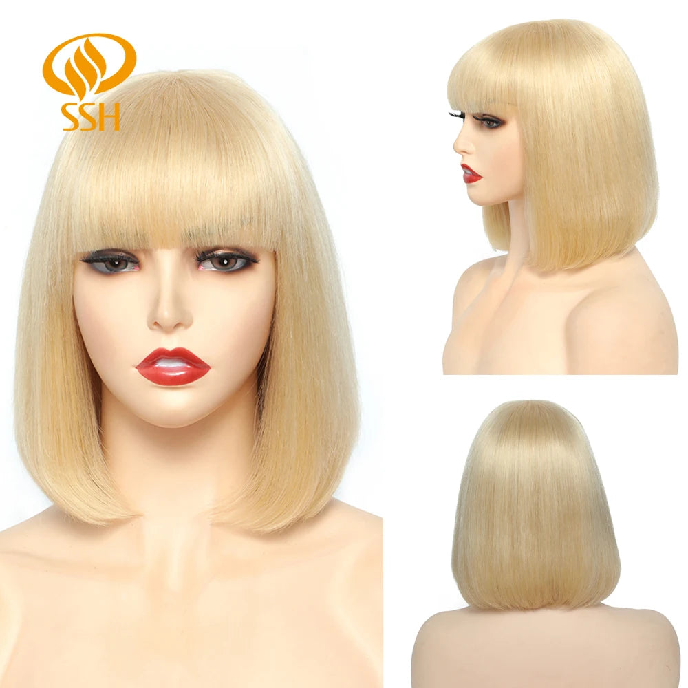 SSH Short Bob Wig With Bangs Fringe for Women Remy Human Hair Wigs Black Blond Color for Party Daily Use Shoulder Length