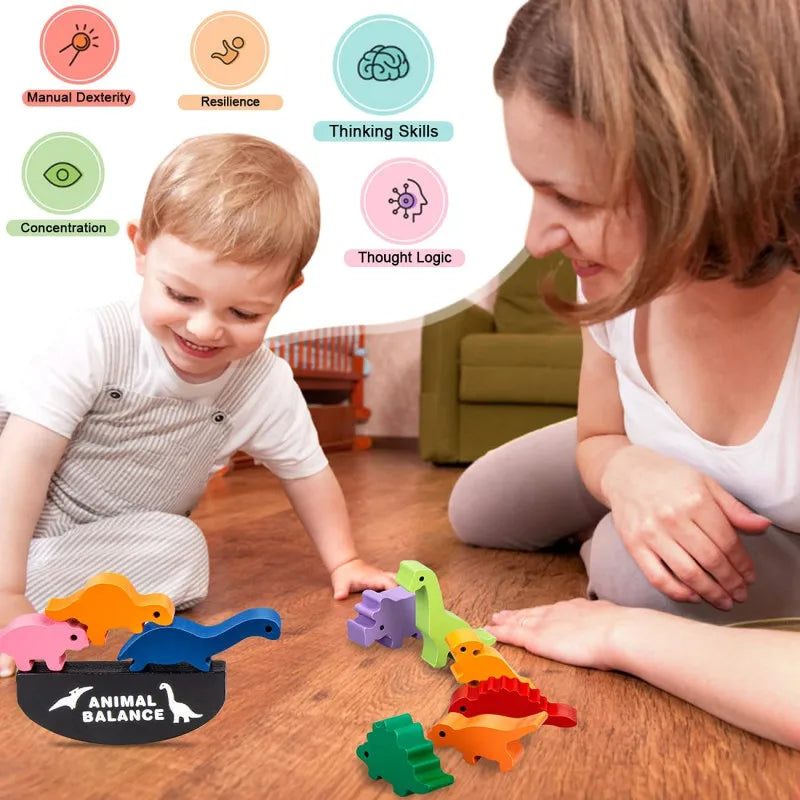New Children Montessori Wooden Animal Balance Blocks Board Games Toy Dinosaur Educational Stacking High Building Block Wood Toy