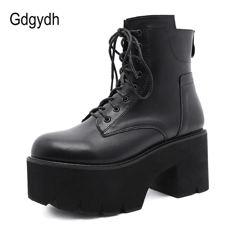 Gdgydh 2022 Bottines pour femmes en gros, bout rond, matériau souple EVA, à lacets, bottes courtes pour femmes, chaussures à plateforme épaisse, noires