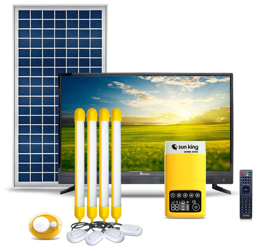 Sunking Solar Home System, Home 500X Four tube lights, a motion sensing security light, and comprehensive smartphone charging