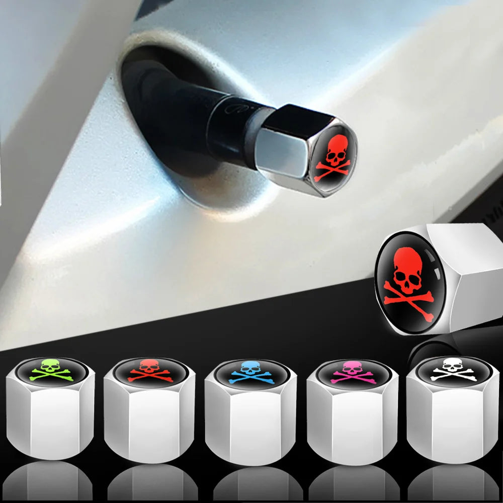 Lot de 4 bouchons de valve de pneu tête de mort avec joint torique, universels pour voitures, SUV, vélos, camions et motos