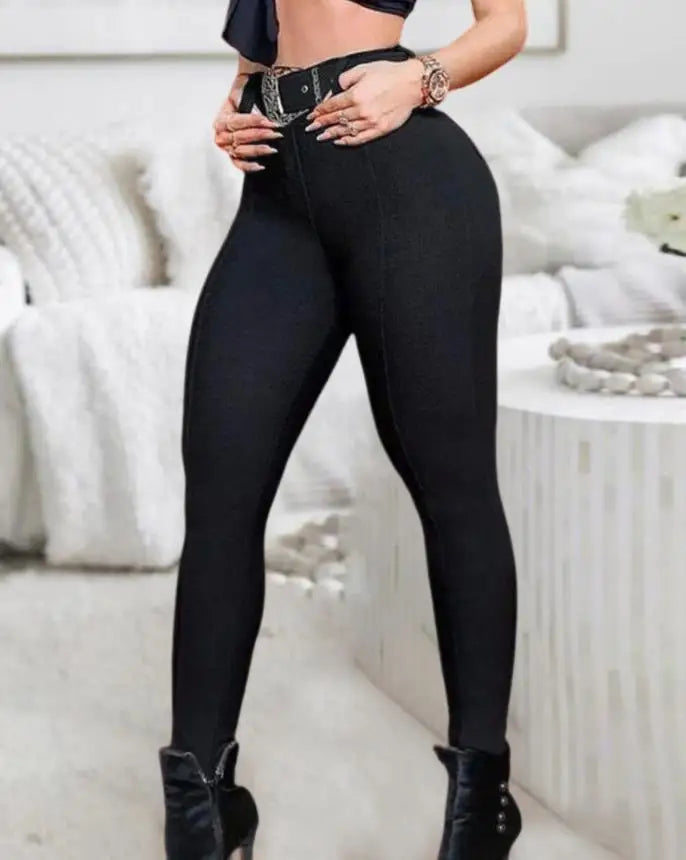 Women's Pants 2023 Spring Trend Fashion High Waist Pocket Design Casual Plain Skinny Daily Long Pants with Belt