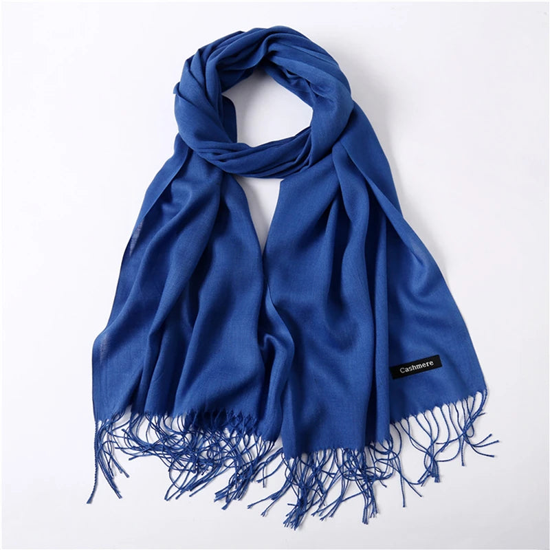 Écharpe tendance pour femme, couleur unie, hijab d'hiver, pompons, long châle, style cachemire, pashmina, bandana