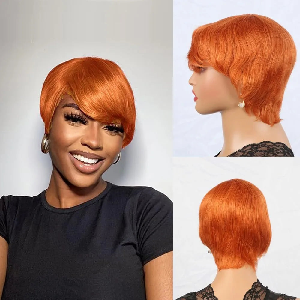 Perruque courte et lisse en cheveux humains, coupe Pixie, fabriquée à la machine, pour femmes noires, avec frange, dégradée, vierge, noir 1B, bonnet complet