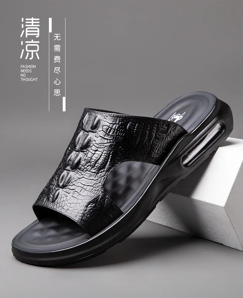 Chaussures d'été pour hommes, sandales en cuir véritable, imprimé crocodile, pantoufles décontractées, tongs à coussin d'air, chaussures de plage cool