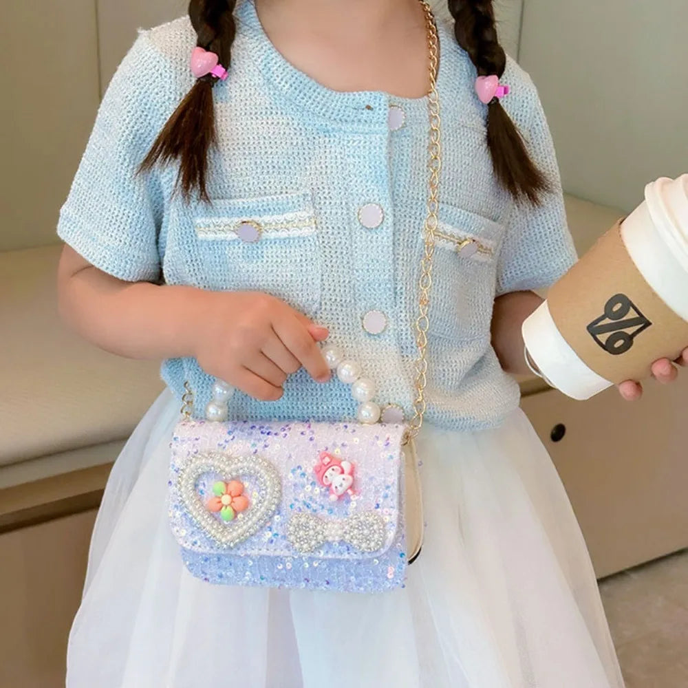 2024 Korean Style Pearl Kid's Handbag Lace Bow Princess Shoulder Messenger Bag Sequin Zero Wallet Pocket Pack