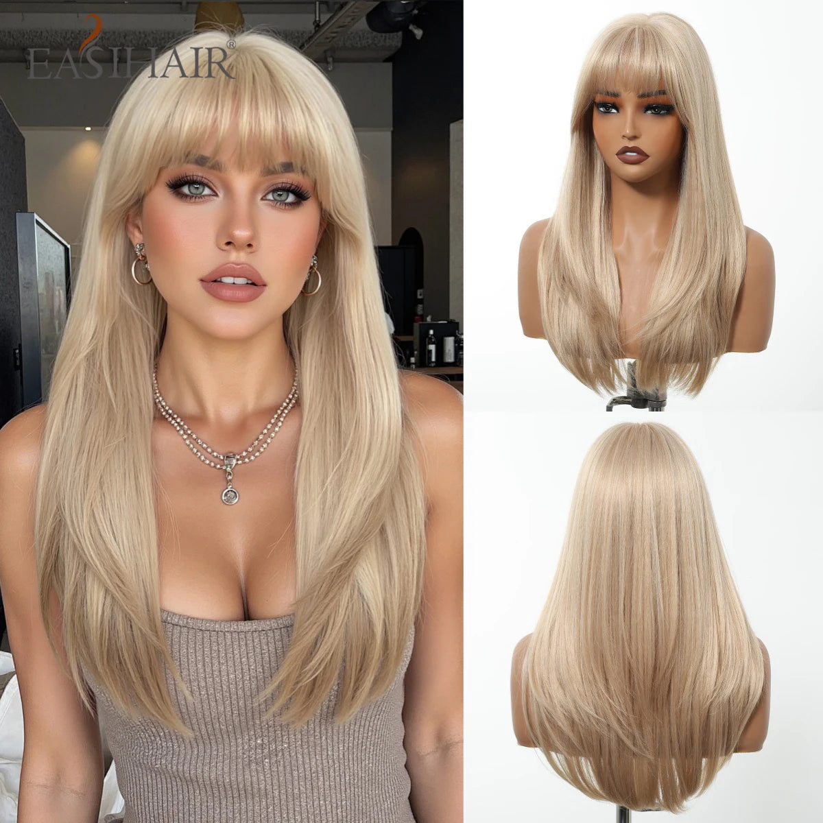 Perruques synthétiques longues blondes EASIHAIR pour femmes, cheveux naturels lisses et dégradés avec frange, résistantes à la chaleur, pour un usage quotidien