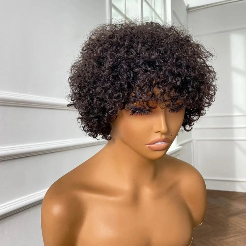 Full Machine Made 8 Inch Short Pixie Curly Bob Wig with Bangs Brazilian Human Hair Bouncy Curl Wig for Women Ready to Go Wig 