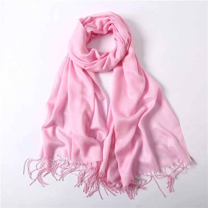Écharpe tendance pour femme, couleur unie, hijab d'hiver, pompons, long châle, style cachemire, pashmina, bandana