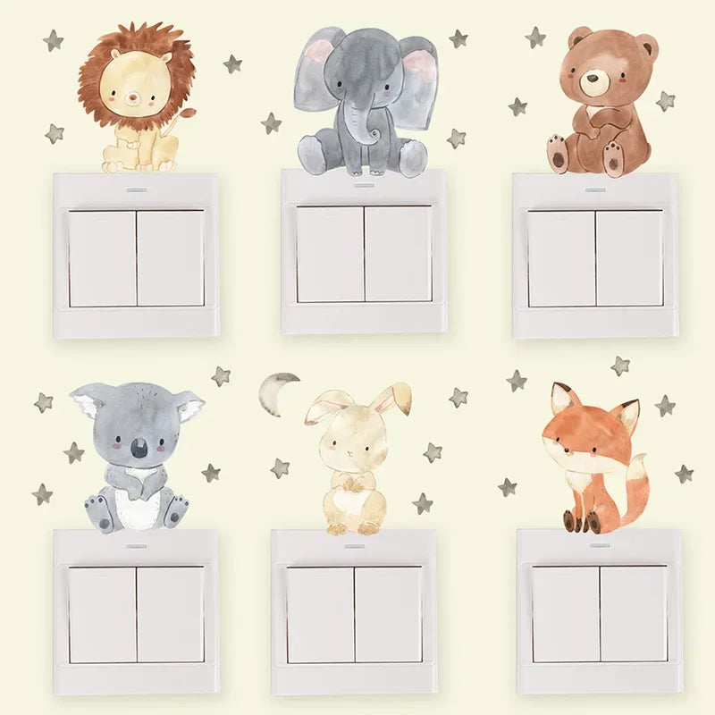 Lot de 6 autocollants muraux animaux de dessin animé pour chambre d'enfant, chambre de bébé, décoration pour interrupteur, chambre d'enfant, chambre d'enfant