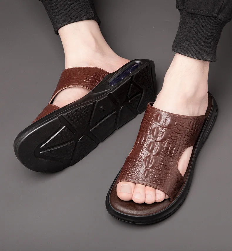 Chaussures d'été pour hommes, sandales en cuir véritable, imprimé crocodile, pantoufles décontractées, tongs à coussin d'air, chaussures de plage cool