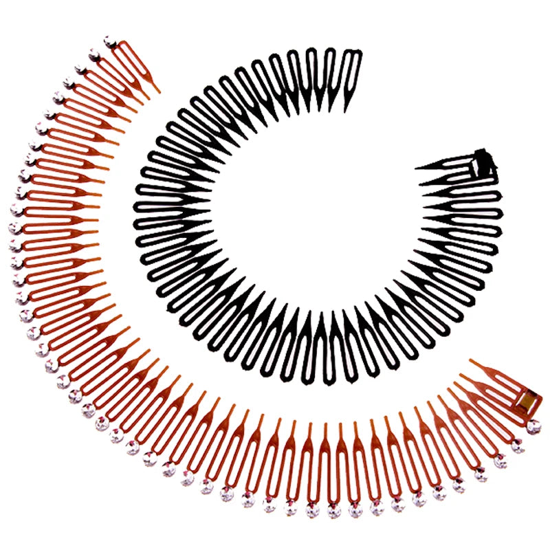 2pcs Rhinestone Plastic Full Circle Stretch Diamond Flexible Comb Teeth Headband Hair Band Clip Face Wash Fixed Hair Accessories