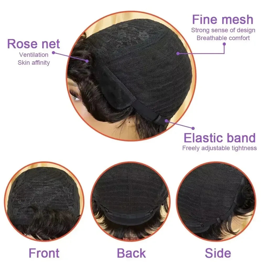 Full Machine Made 8 Inch Short Pixie Curly Bob Wig with Bangs Brazilian Human Hair Bouncy Curl Wig for Women Ready to Go Wig 