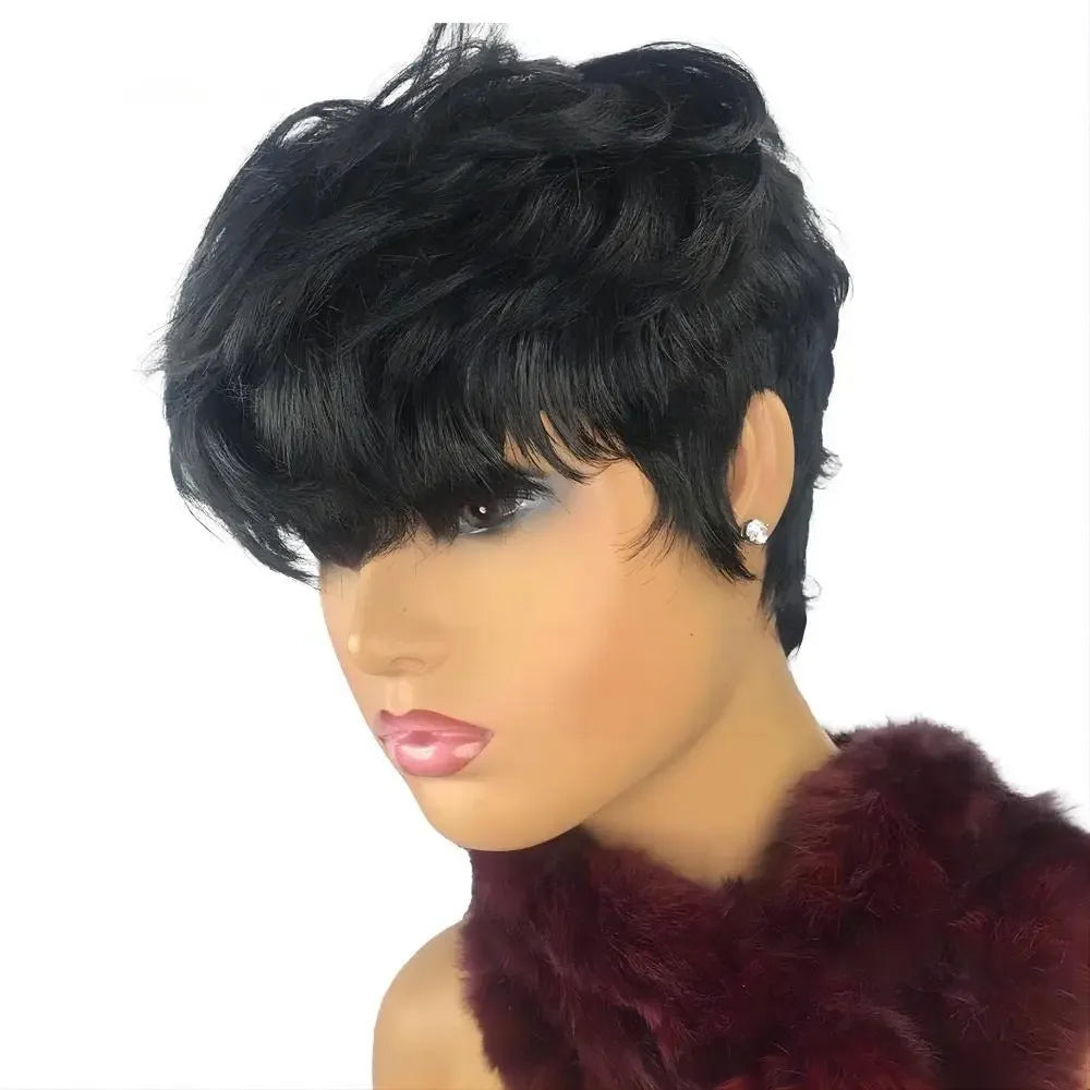 Perruque courte et lisse en cheveux humains, coupe Pixie, fabriquée à la machine, pour femmes noires, avec frange, dégradée, vierge, noir 1B, bonnet complet