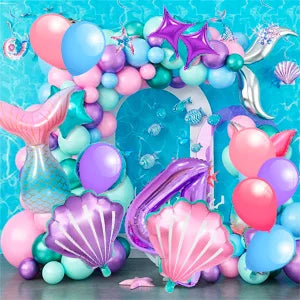 Mermaid Party Supplies,90 Pcs Party Supplies Kit-Mermaid Birthday Plates Cups Napkins Tablecloth&Banner Balloons etc for Girls